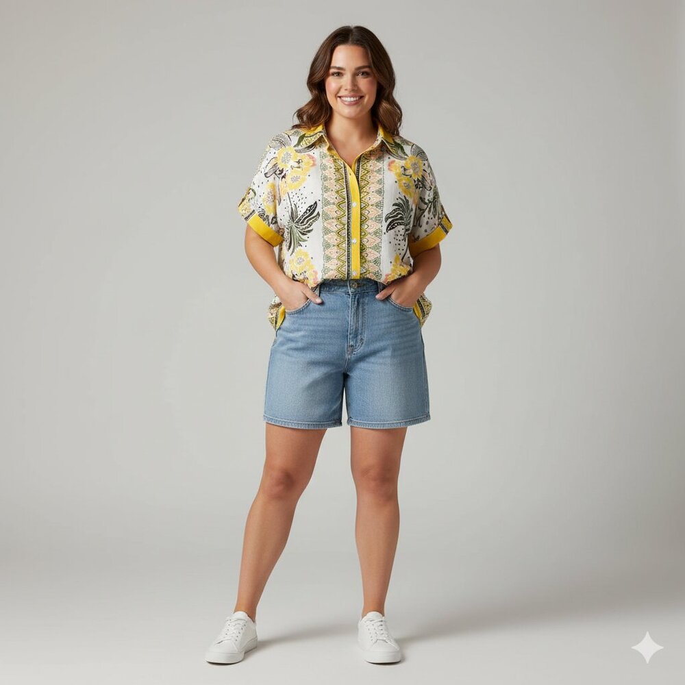FIGUEROA & FLOWER (NWT) Short Sleeve Button Down Border Print Top, Yellow - XL